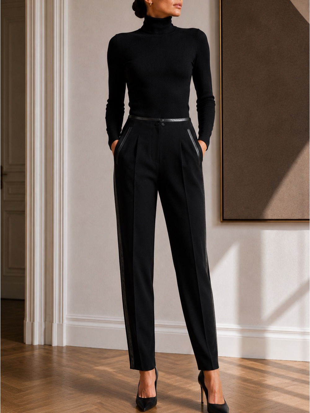 Escada Couture Vintage 90s Wool Pants High Waist Tapered Tuxedo Excellent 38 8